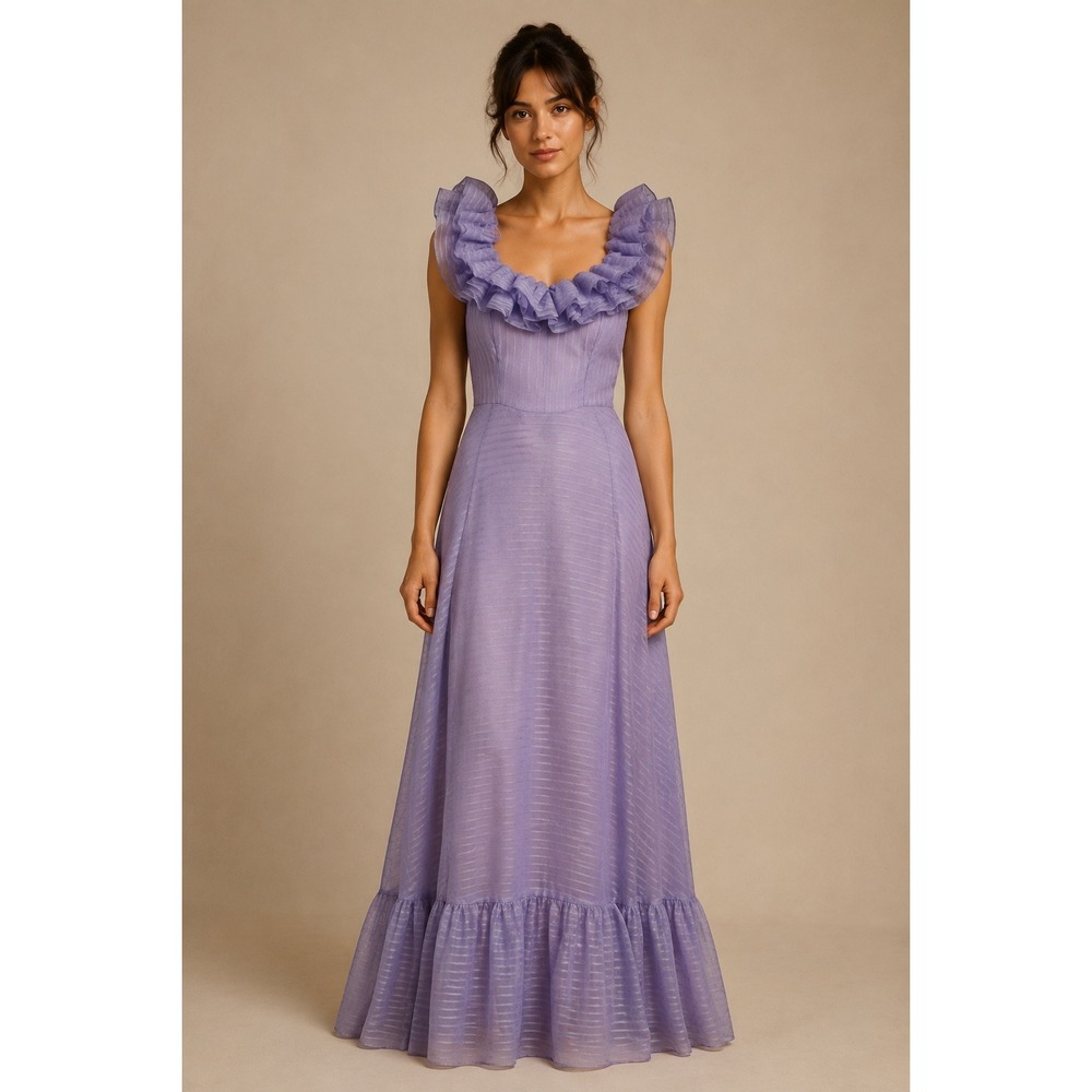 Vintage Roberta California Lavender Purple Ruffle Maxi Dress Gown Size 11/12 70s